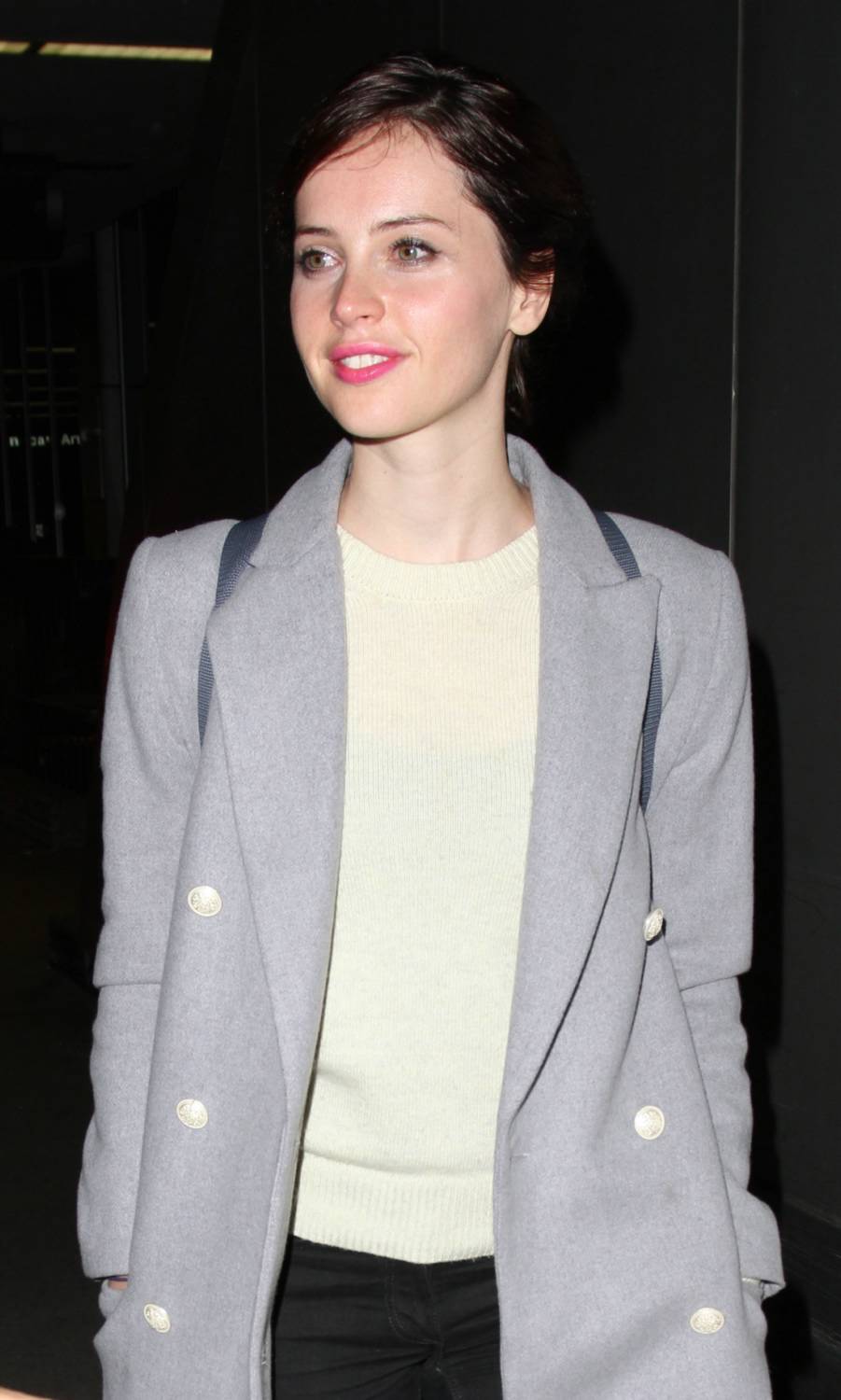 Actress Felicity Jones who currently stars in film The Theory Of Everything is spotted as she arrives at LAX Airport in Los Angeles, CA on December 5, 2014.